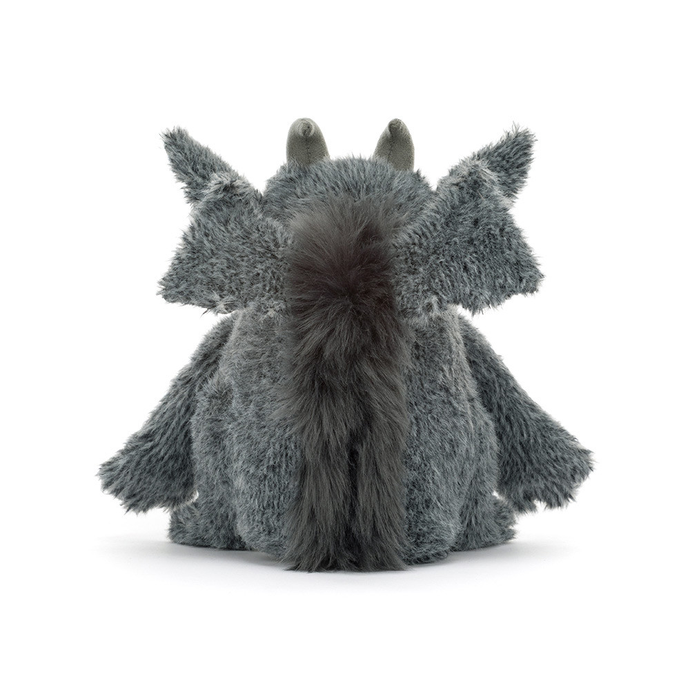 A gray plush dragon toy shown from the back, featuring fluffy textured fur, small horns, and wings, photographed on a clean white background.