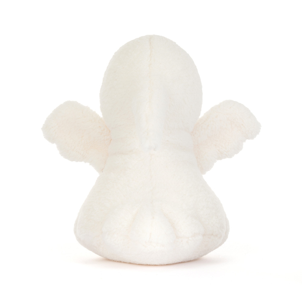 A white plush angel toy with soft wings, photographed from the back against a clean white background.