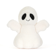 A small white plush ghost toy with black embroidered eyes and a simple stitched smile, centered on a clean white background.