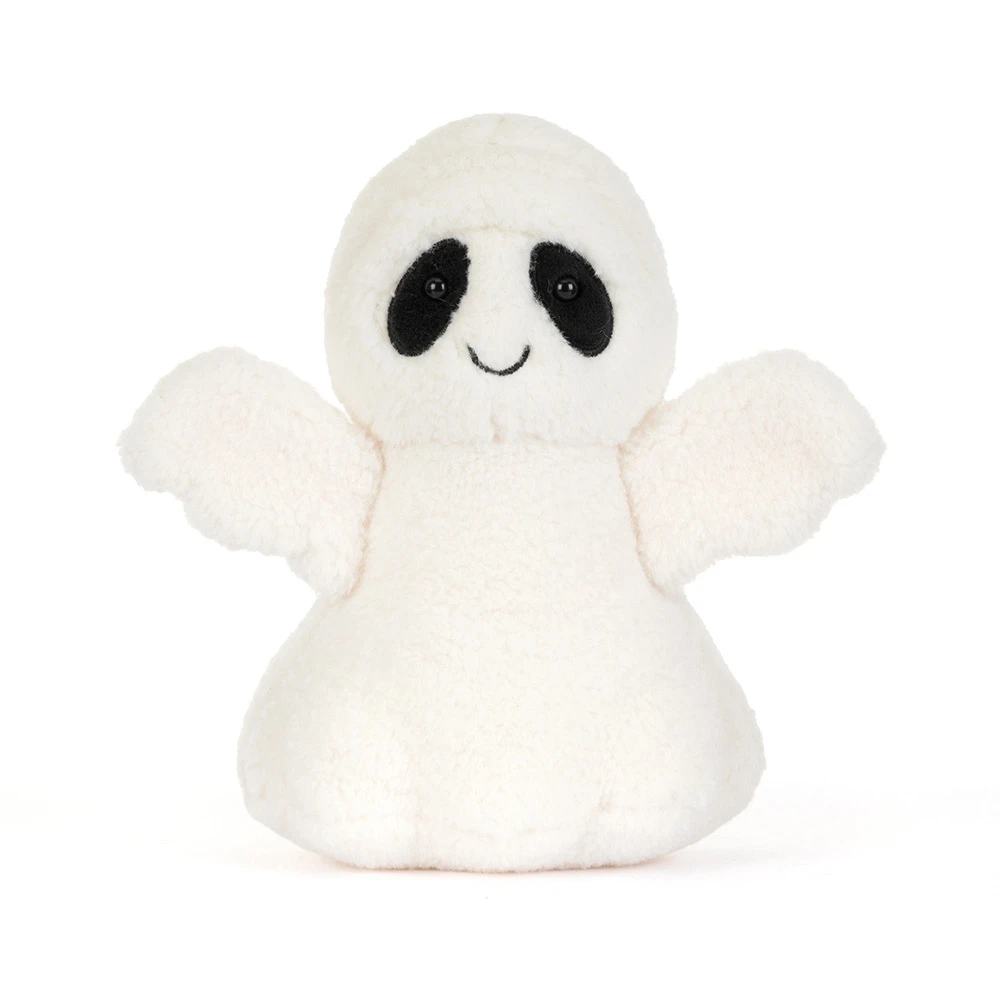 A small white plush ghost toy with black embroidered eyes and a simple stitched smile, centered on a clean white background.