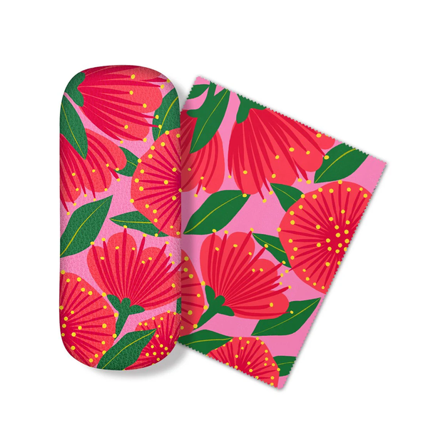 100% NZ Glasses Case Bright Botanical Pink Pōhutukawa