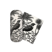 A pair of rectangular floor mats with rounded corners, featuring a black and white botanical and bird pattern, displayed on a clean white background.