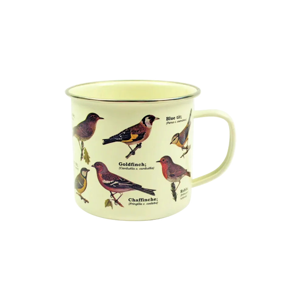 A cream-colored enamel-style mug featuring illustrations of six different birds with their scientific names printed on the side, set against a plain white background.