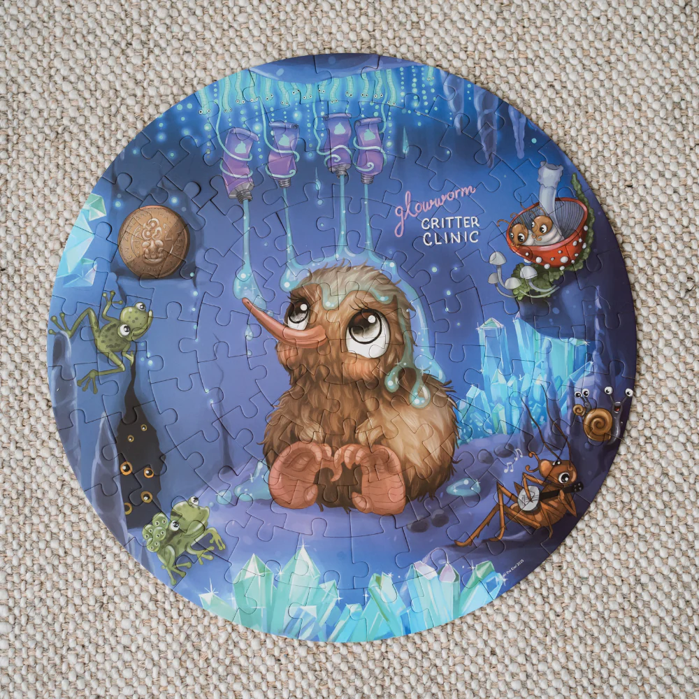 Kuwi the Kiwi Glowworm Glitter Round 100 Piece Puzzle