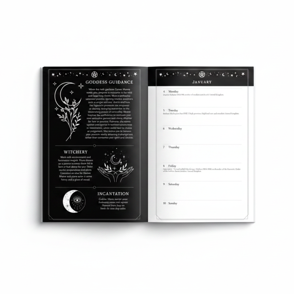Goddess Guidance calendar with witchery and incantation text on a black background
