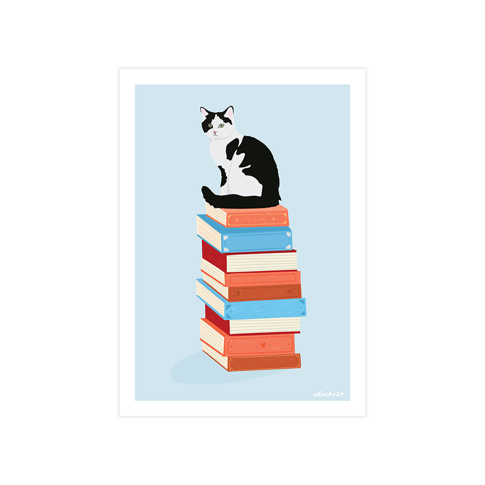 Iko Iko A4 Art Print Bookstack Cat