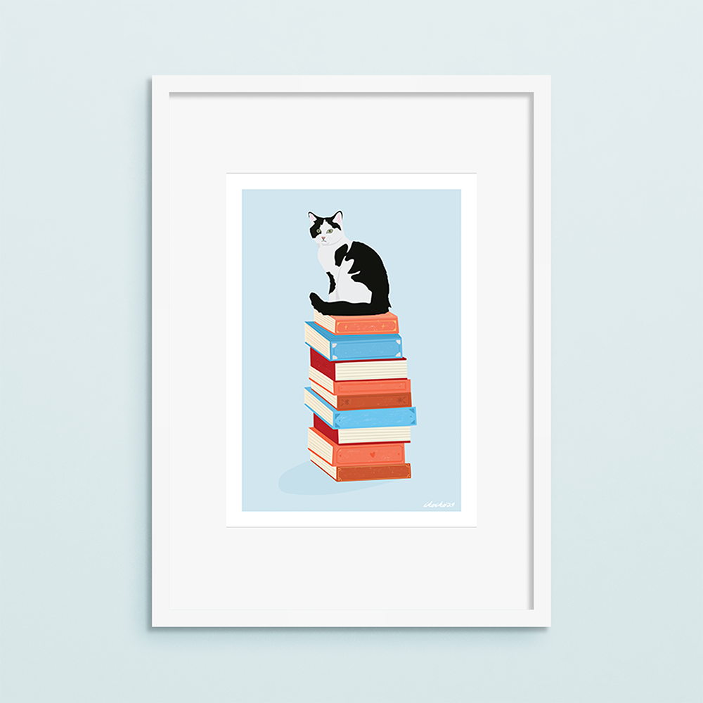 Iko Iko A4 Art Print Bookstack Cat