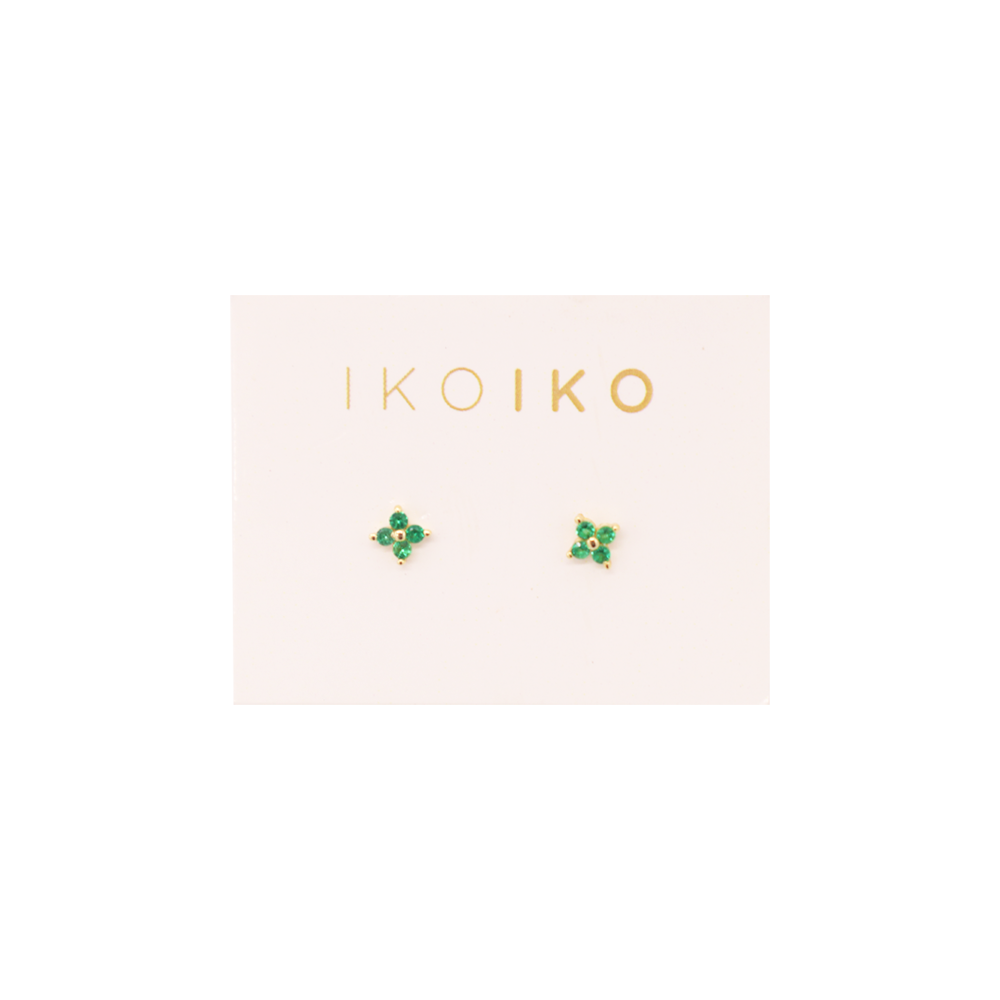 Iko Iko Studs Four Petal Flower Green CZs Gold