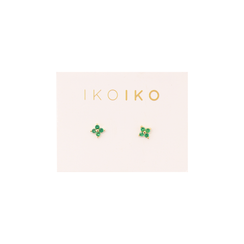 Iko Iko Studs Four Petal Flower Green CZs Gold
