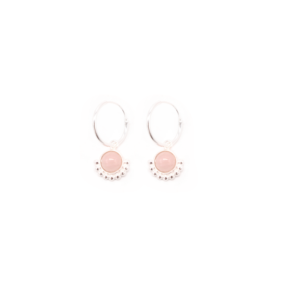 Iko Iko Earrings Rose Quartz Nine Dot Flare on Hoop Silver