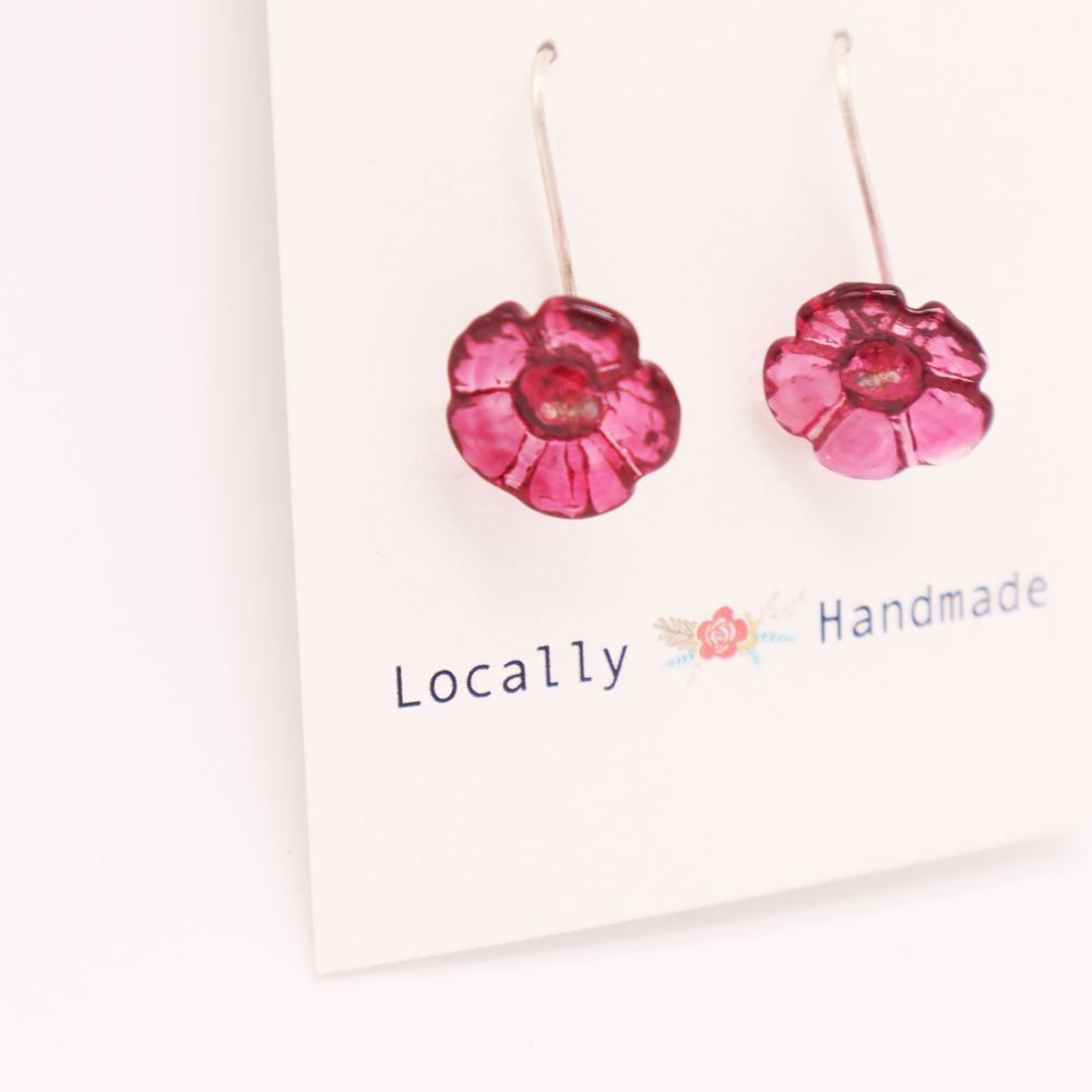 Rainey Designs Glass Floral Drop Earrings Cranberry Pink
