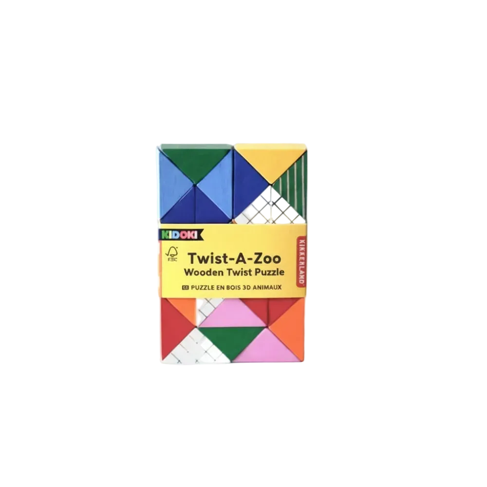 A boxed wooden twist puzzle on a clean white background. The box is labeled 'Twist-A-Zoo Wooden Twist Puzzle' and shows a colorful geometric pattern of triangles in blue, green, yellow, red, orange, pink, and white.
