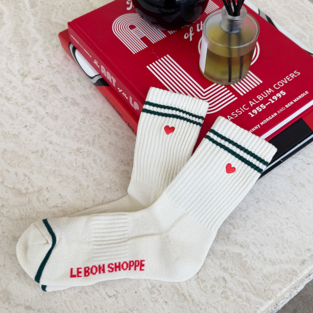 Le Bon Shoppe Embroidered Boyfriend Socks Parchment + Heart