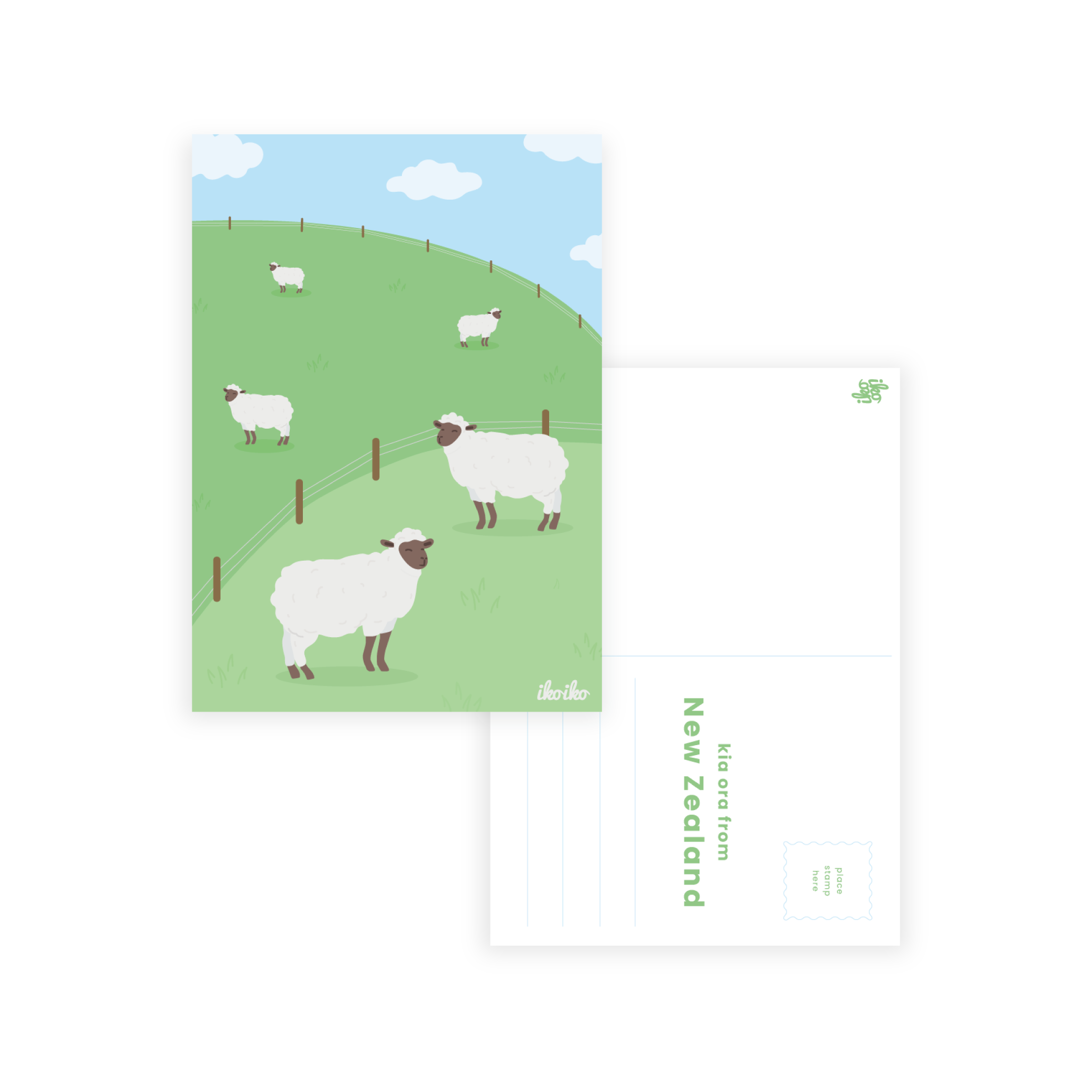 Iko Iko Postcard Kiwiana Landscape Sheep Hills