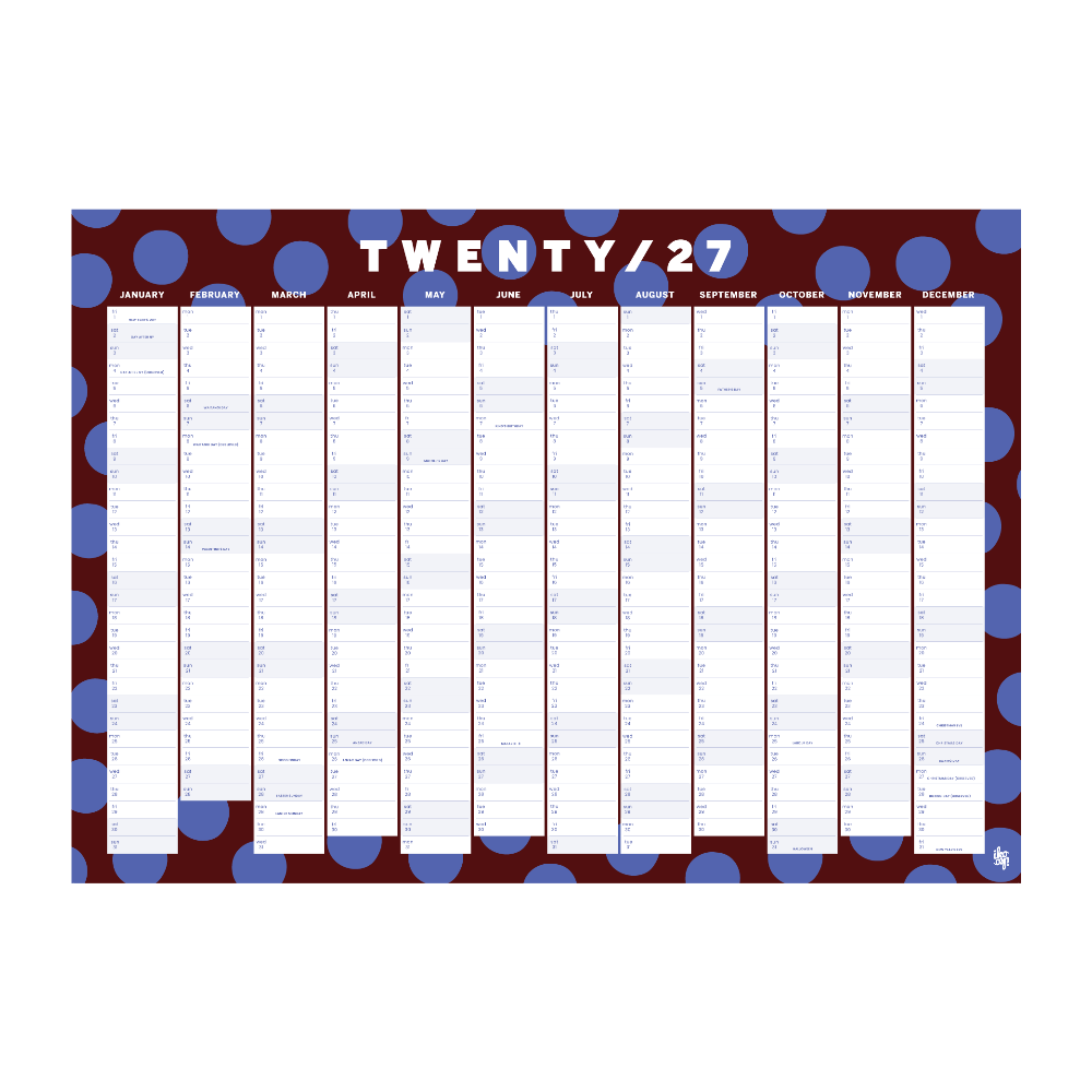 A 2027 daily planner calendar featuring a dark brown background with blue polka dots and a white grid layout for each day of the week, with 'TWENTY / 27' written at the top.
