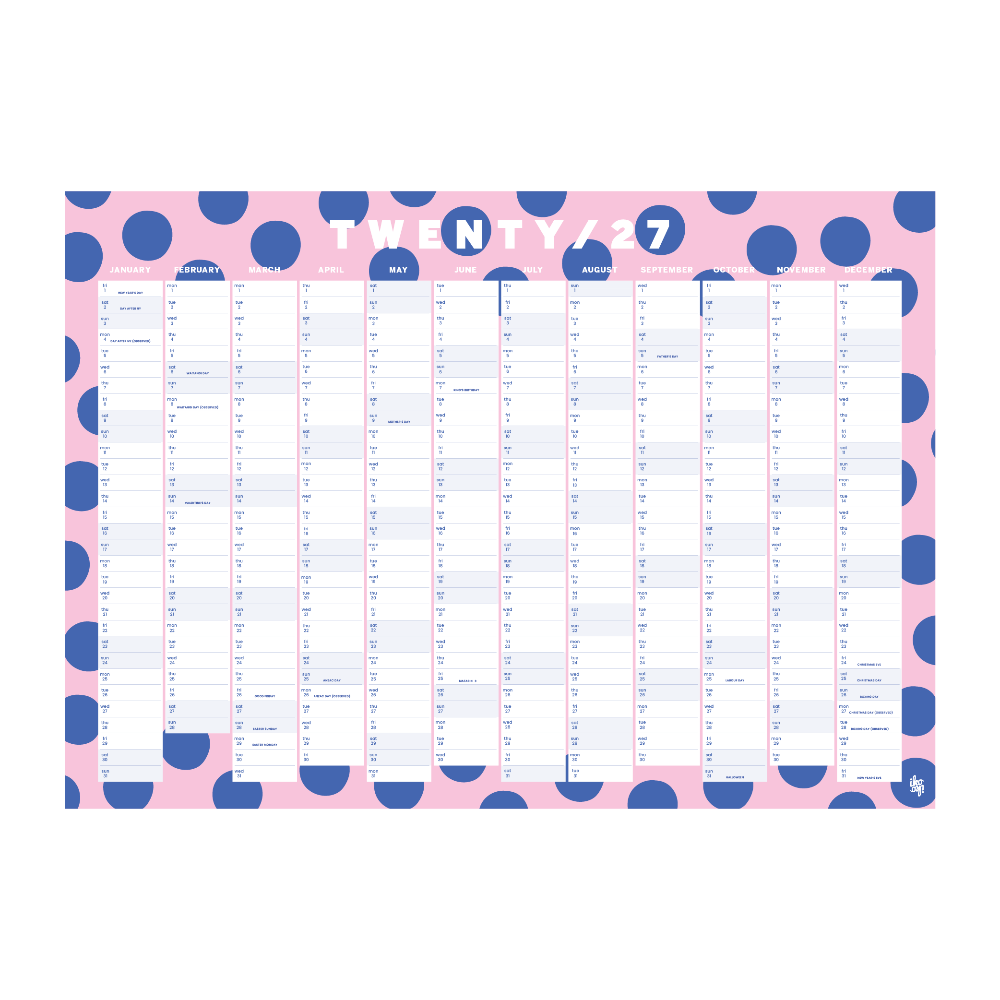 A 2027 monthly budget planner page with a pink and navy blue polka dot border, featuring columns for income, expenses, savings, debt, and purchases, shown on a white background.