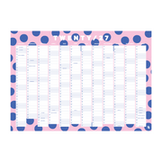 A 2027 monthly budget planner page with a pink and navy blue polka dot border, featuring columns for income, expenses, savings, debt, and purchases, shown on a white background.