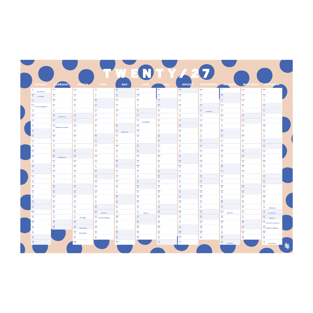 A 2027 daily planner page set featuring a pastel peach background with large blue polka dots and a detailed monthly calendar grid below, shown on a clean white background.