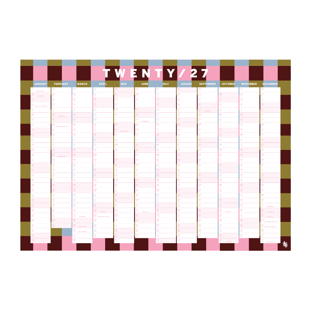 A monthly budget planner chart titled 'TWENTY / 27' with a multicolor checkered border and columns for each day of the week, shown on a plain white background.