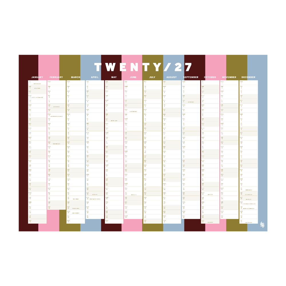 A 2027 wedding guest list planner chart with a colorful monthly layout. The top header reads 'TWENTY / 27' in white text against colored monthly columns in dark brown, pink, olive green, light blue, and lavender.