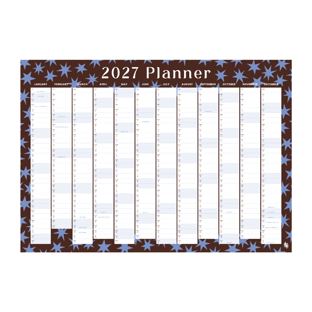 A 2027 planner calendar with a dark brown background, light blue star border, and white monthly grids, shown flat against a plain white background.