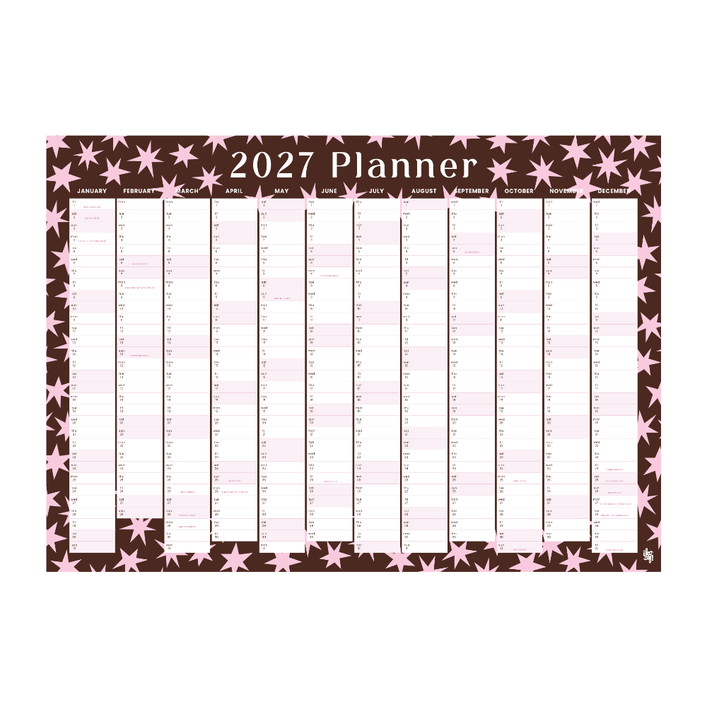 A 2027 planner calendar with a dark brown background, pink star border, and a monthly grid layout in white and light pink, shown on a plain white background.