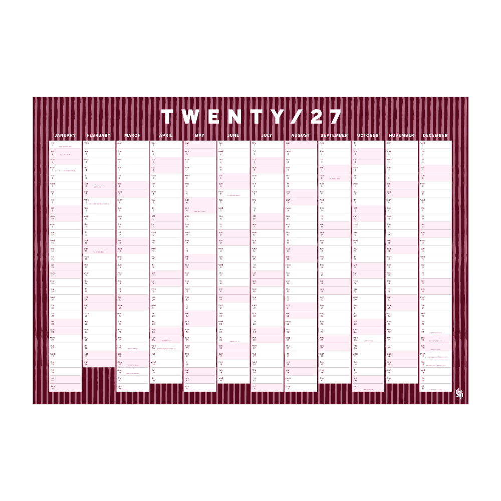 A 2027 daily planner or calendar pad with a dark burgundy and white striped border, featuring the text 'TWENTY/27' at the top and multiple columns for daily entries on a white background.