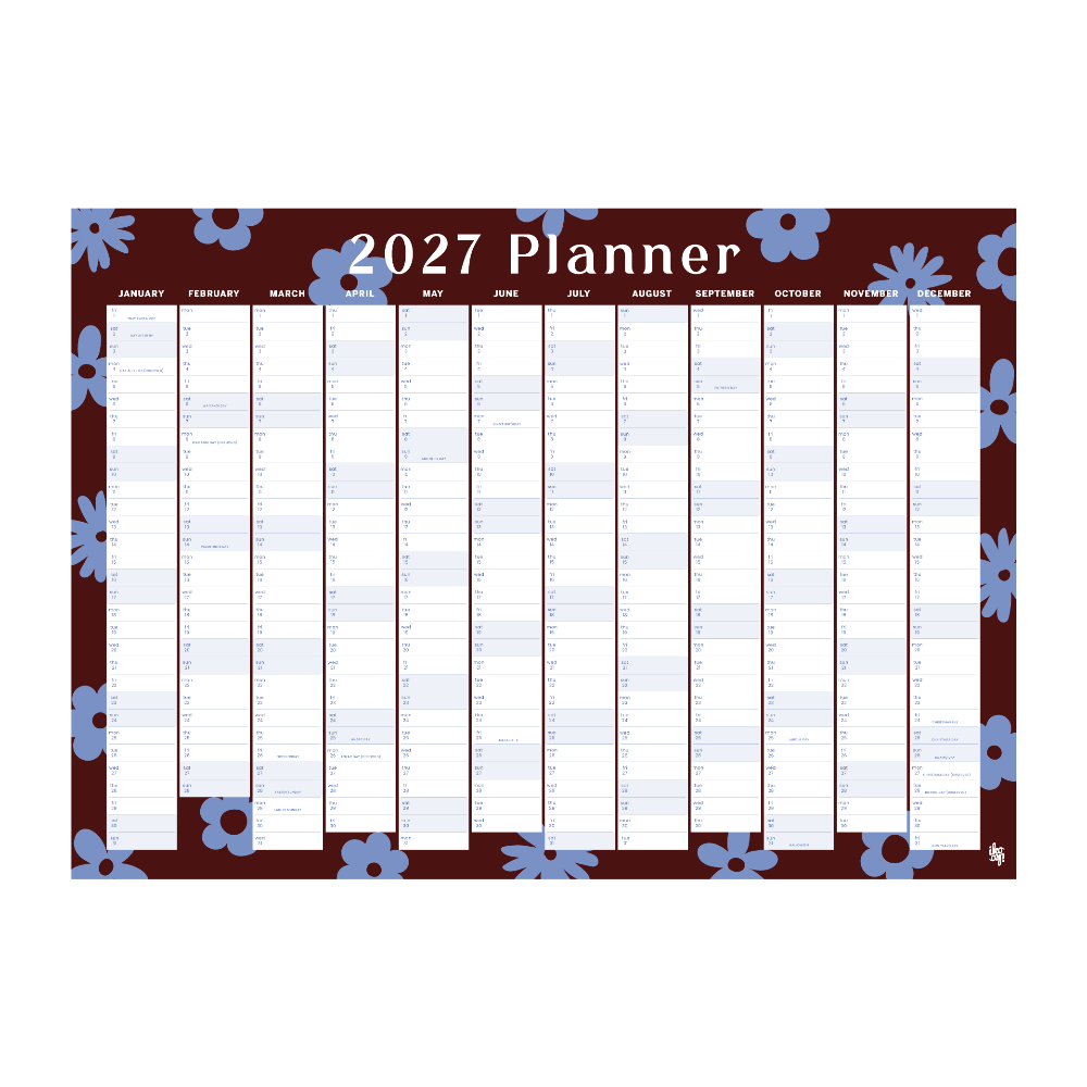 A 2027 planner calendar with a dark brown border decorated with light blue flowers. The top header reads '2027 Planner' in white text.