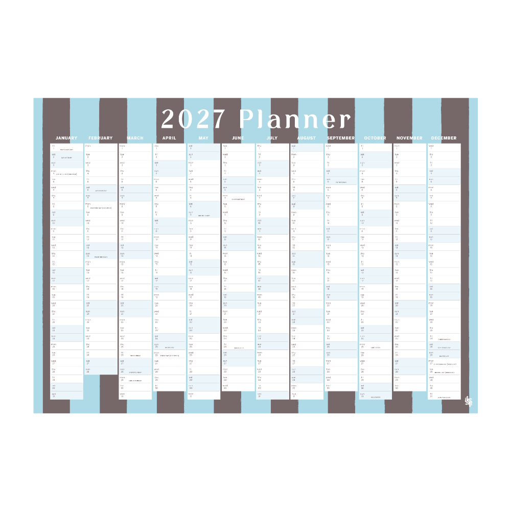 A 2027 planner page spread out on a white background, featuring a weekly layout with columns for Monday through Sunday and rows for days of the week. The top has a light blue and dark brown striped header with the text '2027 Planner' in white.