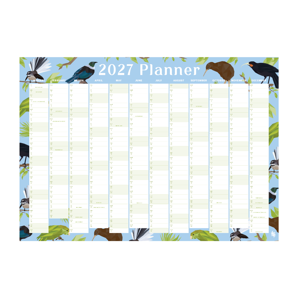 A 2027 planner calendar featuring a light blue border decorated with colorful birds and green leaves, with a large grid of blank monthly boxes in the center.