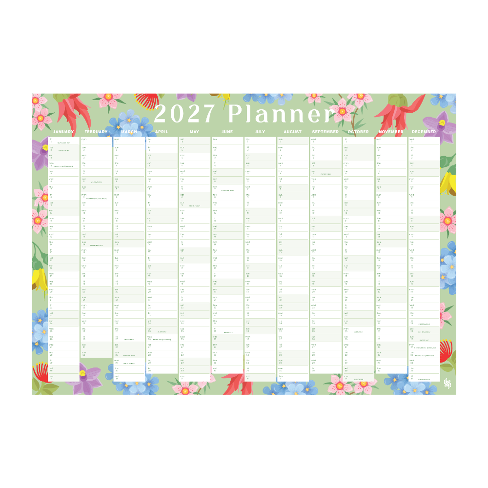 A 2027 planner desk pad with a colorful tropical floral border and a grid layout for daily planning, shown on a white background.