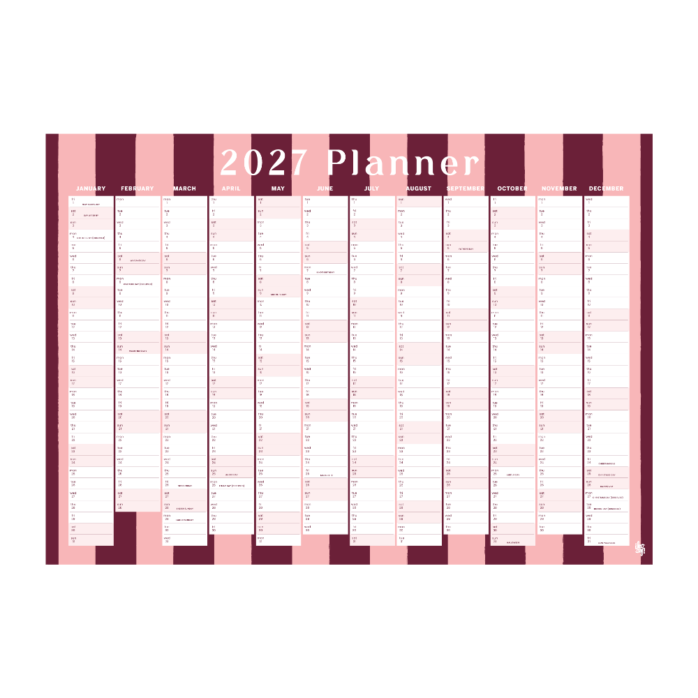 A 2027 planner page spread with monthly grids in white, pink, and dark burgundy, centered on a white background.
