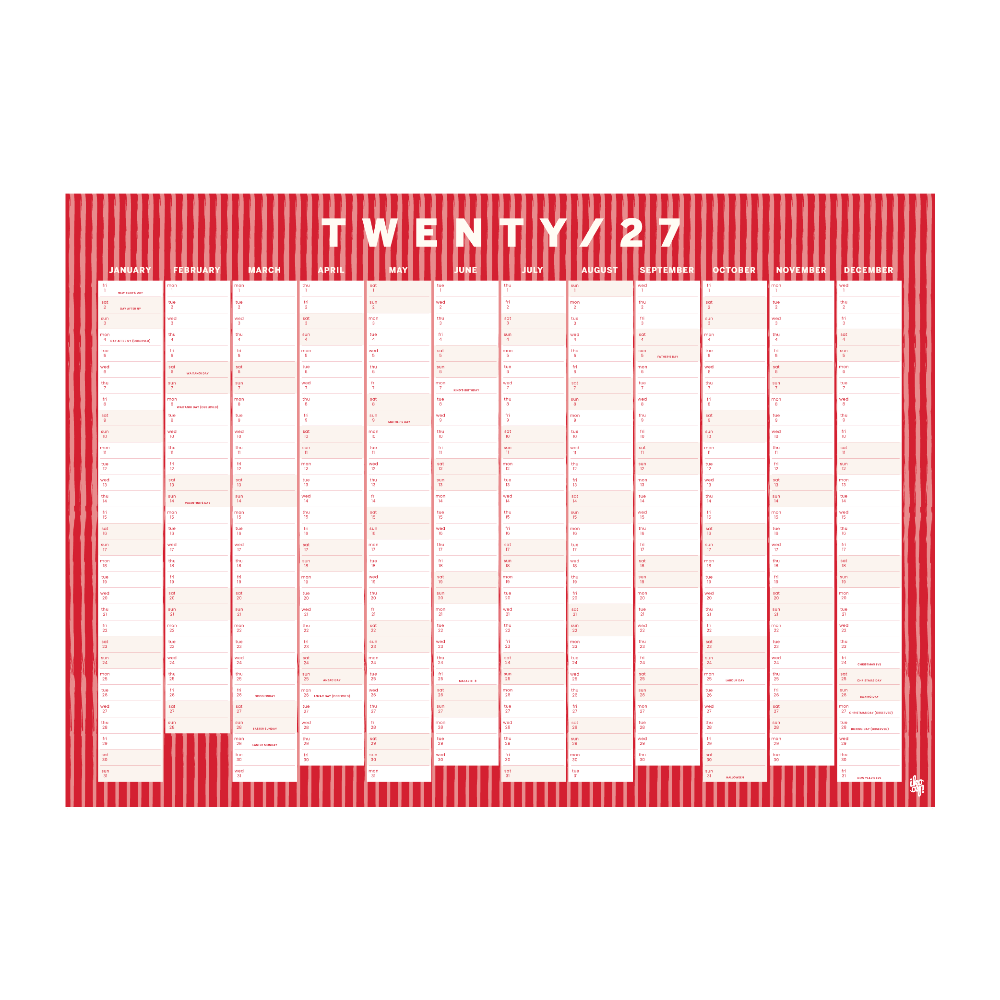 A red and white striped daily planner or calendar pad with the text 'TWENTY/27' at the top, displayed on a clean white background.