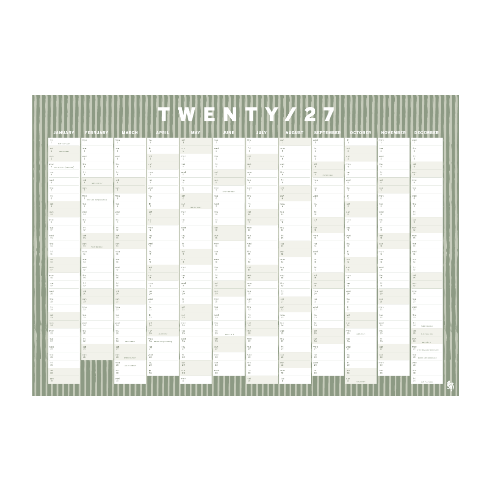 A 2027 daily planner calendar page with a sage green and white striped border, featuring a grid layout for tracking days from 1st to 31st, with 'TWENTY/27' printed at the top center.