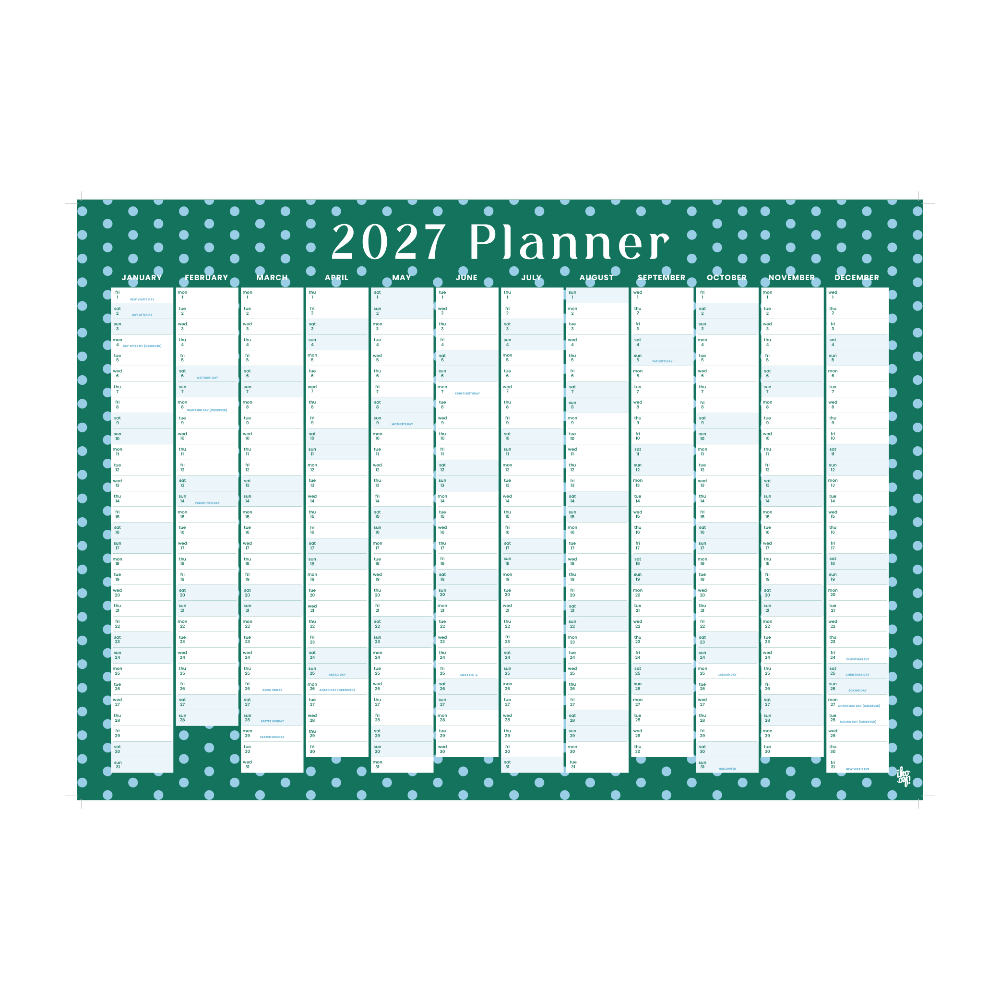 A 2027 planner page spread with a dark teal background, white polka dots, and white monthly columns labeled by month. The title '2027 Planner' appears at the top in white text.