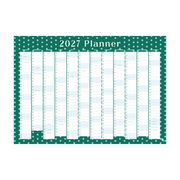 A 2027 planner page spread with a dark teal background, white polka dots, and white monthly columns labeled by month. The title '2027 Planner' appears at the top in white text.