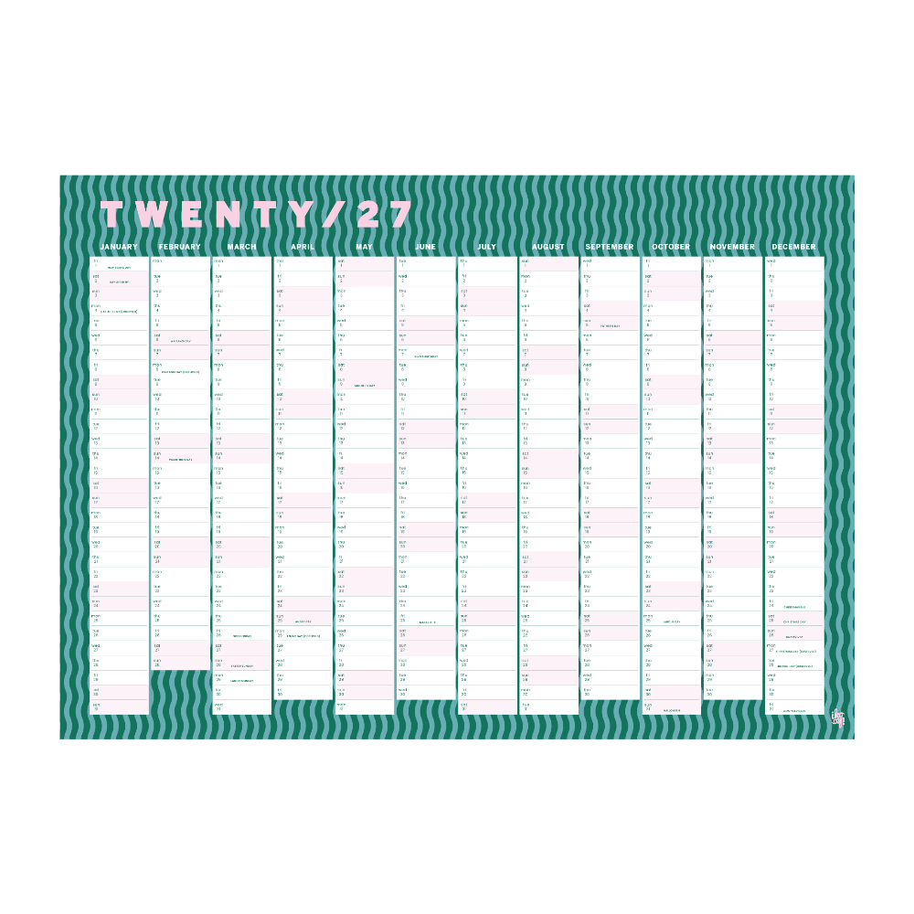 A monthly budget planner page titled 'TWENTY/27' with a teal wavy border, white grid sections, and light pink highlighted boxes, shown centered on a white background.