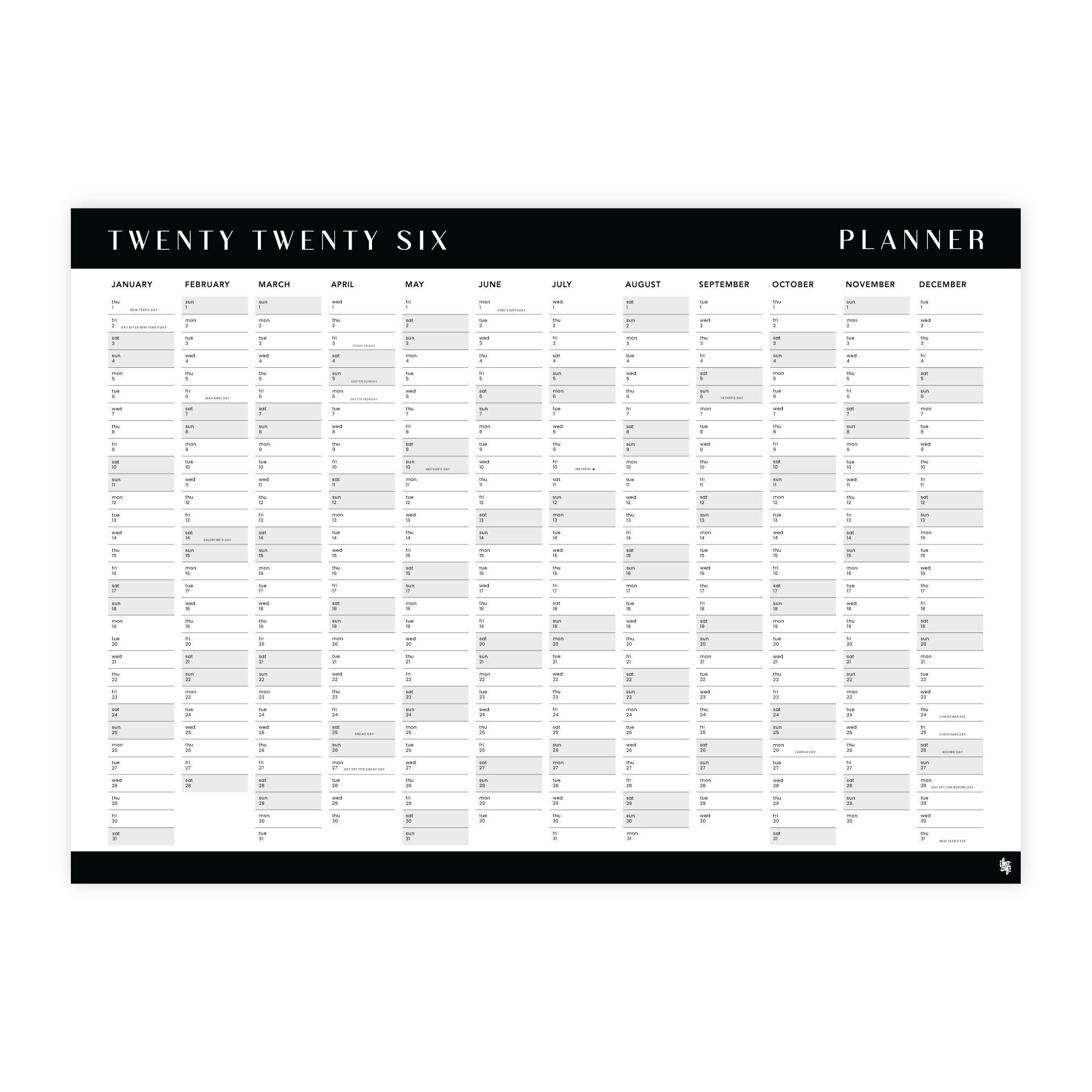 Iko Iko 2026 Wall Planner Black and White