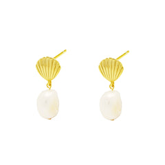 Iko Iko Earrings Stud Clam Shell with Dangling Pearl