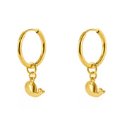 A pair of gold hoop earrings with small dangling whale-shaped charms, shown on a plain white background.
