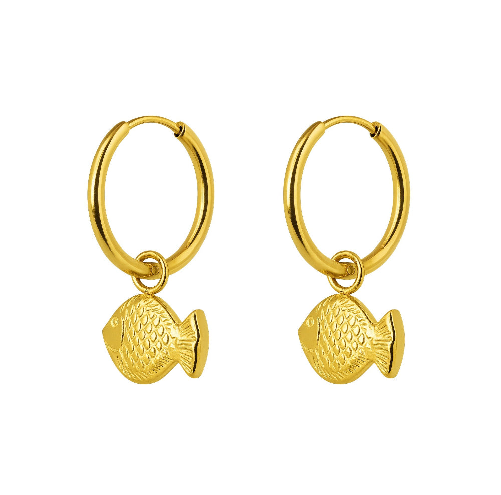 A pair of gold hoop earrings with dangling fish charms, shown on a plain white background.