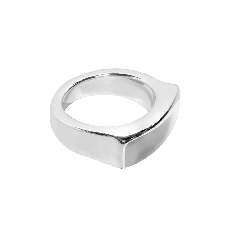 A polished silver-toned ring with a wide, geometric, chunky band, shown on a plain white background.