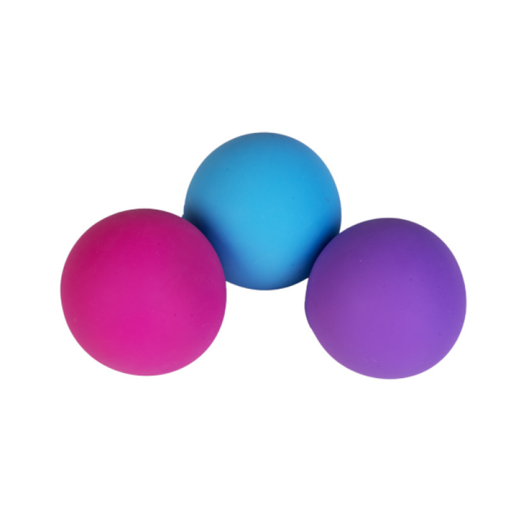 Three colorful balls (pink, blue, purple) on a white background