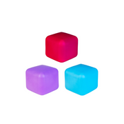 Three colorful cubes (red, purple, blue) on a white background