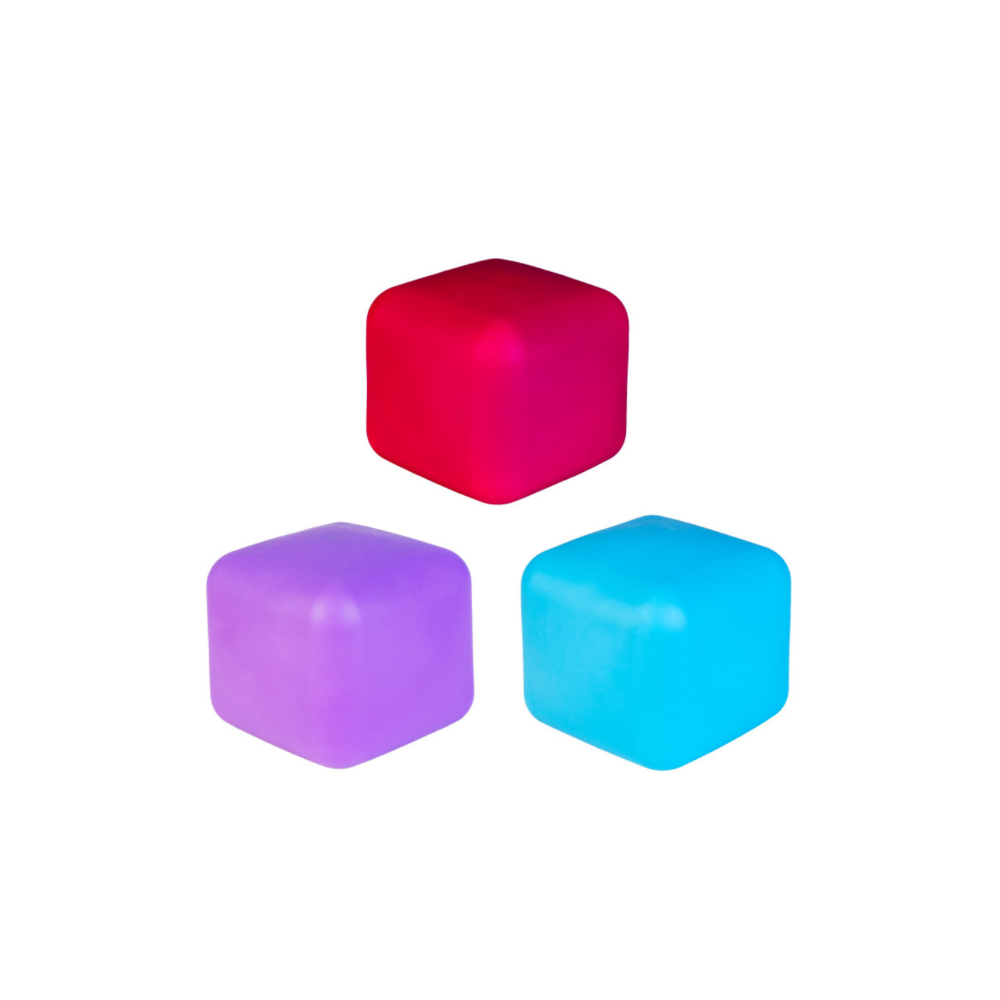 Three colorful cubes (red, purple, blue) on a white background