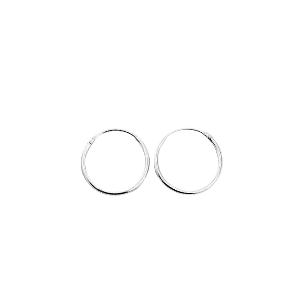 A pair of minimalist silver hoop earrings with a polished finish, displayed on a clean, light gray background.