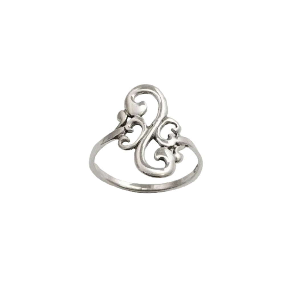 A silver open ring with an ornate, swirling filigree design, photographed on a neutral light gray background.