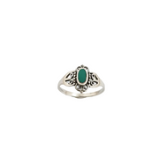 A silver ring with an oval green Turquoise Semi Precious  stone in an ornate filigree setting