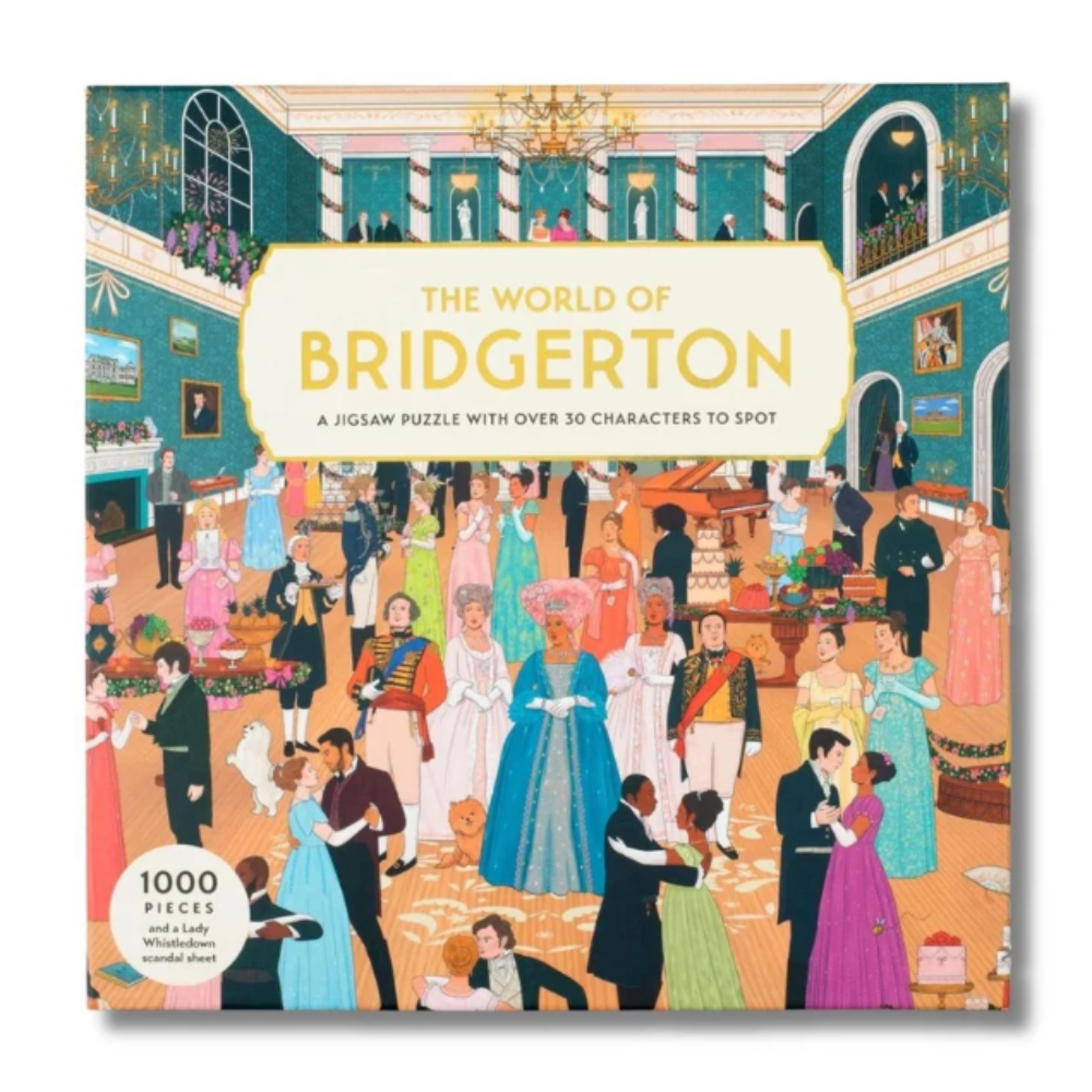 The World of Bridgerton jigsaw puzzle box featuring an illustrated ballroom scene with characters in formal attire, with the title 'The World of Bridgerton' across the top.