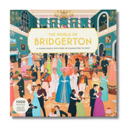 The World of Bridgerton jigsaw puzzle box featuring an illustrated ballroom scene with characters in formal attire, with the title 'The World of Bridgerton' across the top.